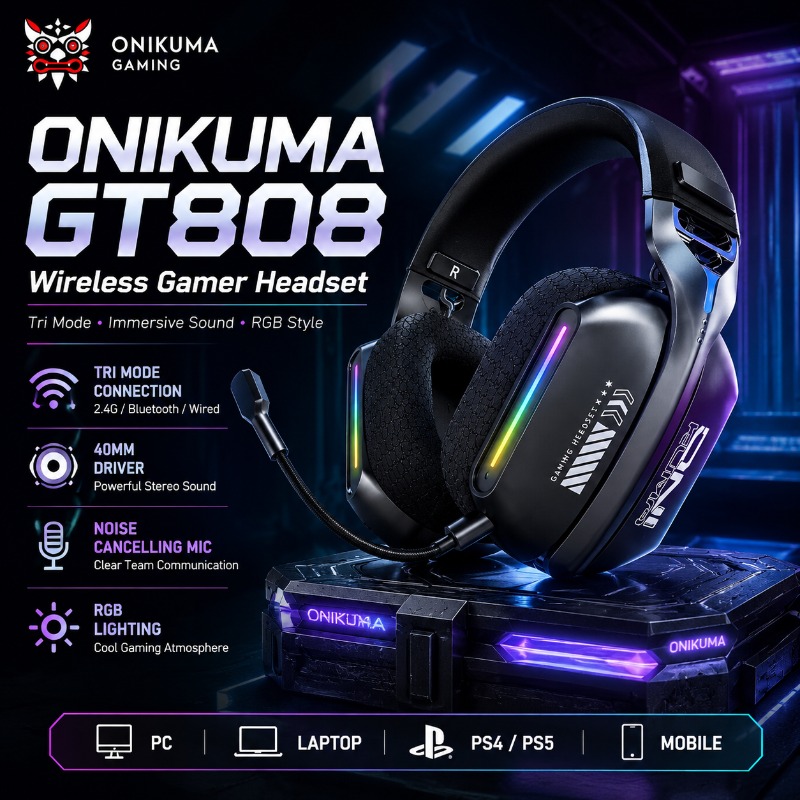 Pc Gaming Earphones - หูฟังเกมมิ่งไร้สาย ONIKUMA GT808 รองรับโหมดการเชื่อมต่อสามแบบ บลูทูธ 2.4GHz