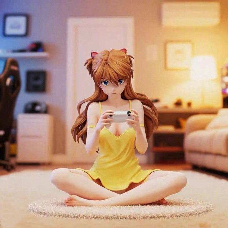 Pc Gaming Evangelion - ฟิกเกอร์อาสึกะ แลงลีย์ – เอวาเกนเลียนนั่งเล่นเกมบนคอนโซล สีเหลือง ลำลอง